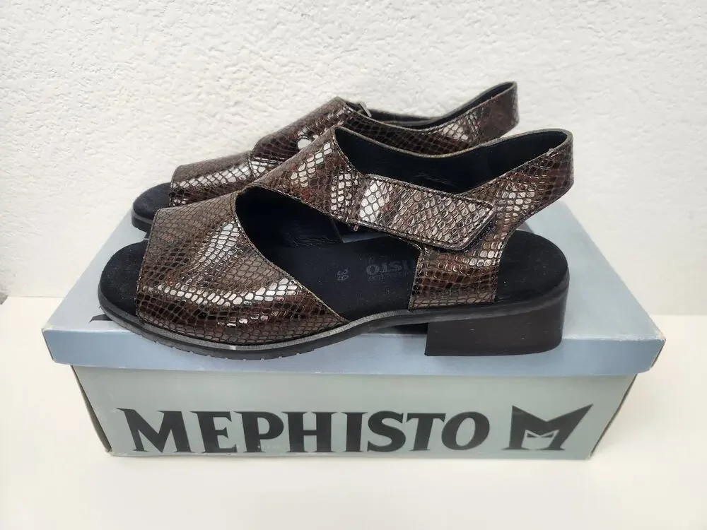 Mephisto Fulvia Sandal in Dark Brown Pythonmetal Size 9 Women Excellent Cond